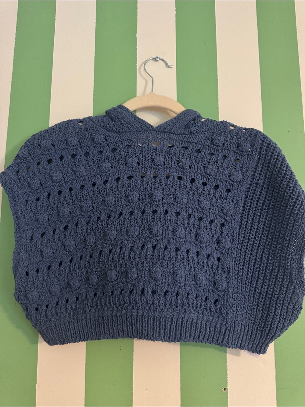 Zara Navy Crochet Hooded Poncho Sweater